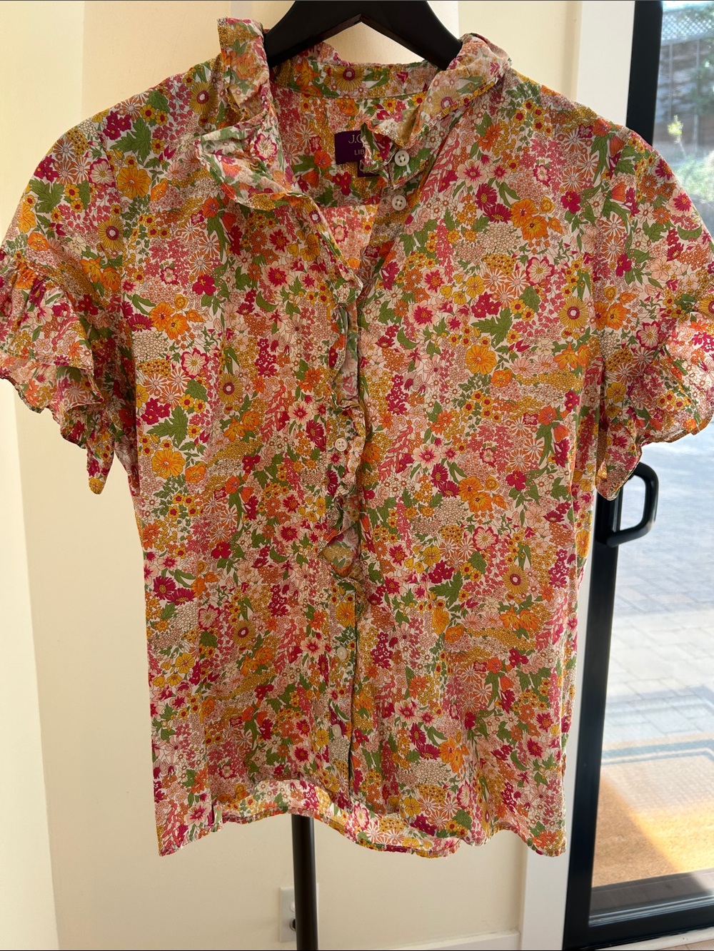 J. Crew Pink Yellow Green Floral Ruffle-Trim Blouse